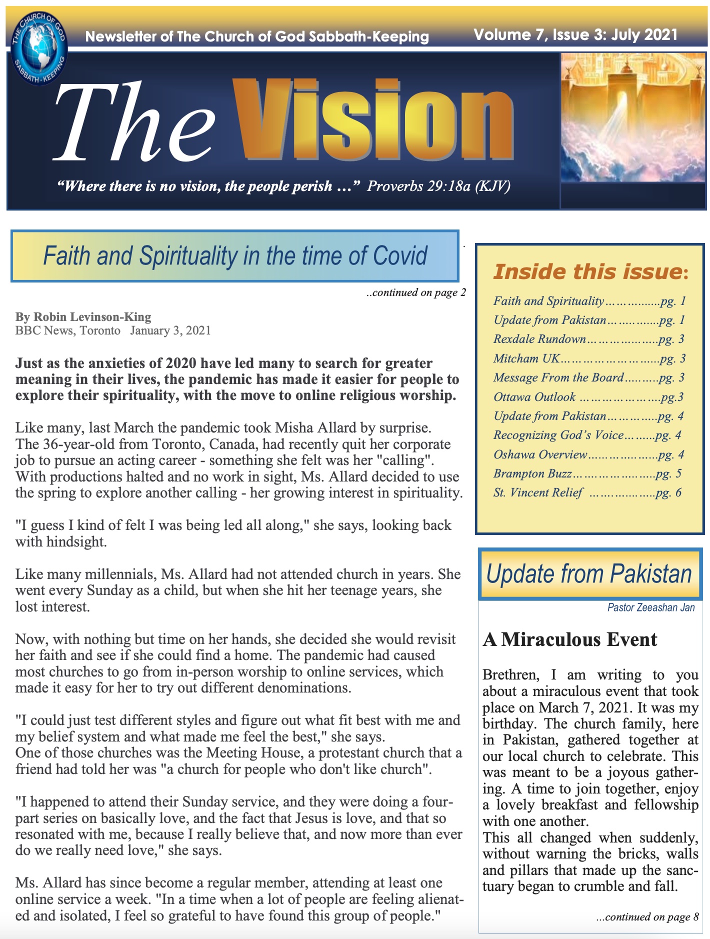 The Vision Newsletter - July 2021, Church of God Sabbath Keeping